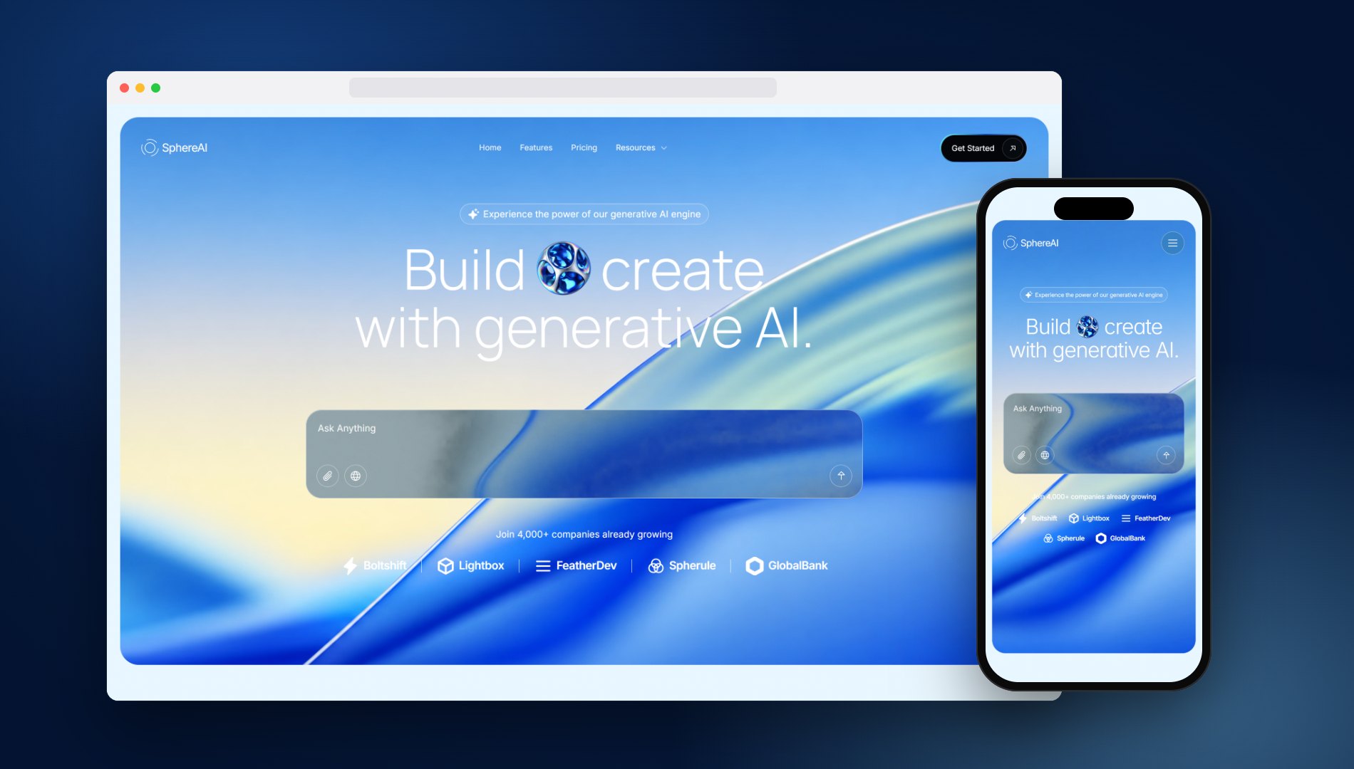 SphereAI homepage on a laptop and a phone
