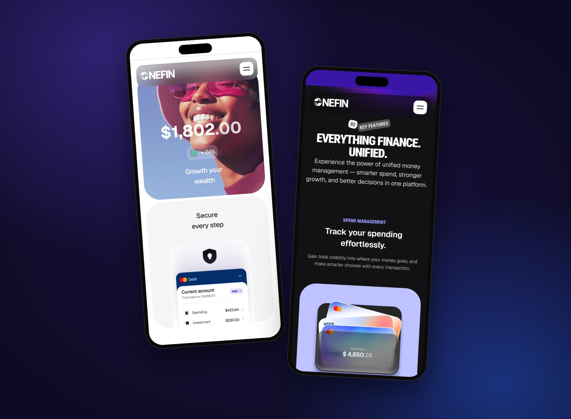 OneFin website on two phones
