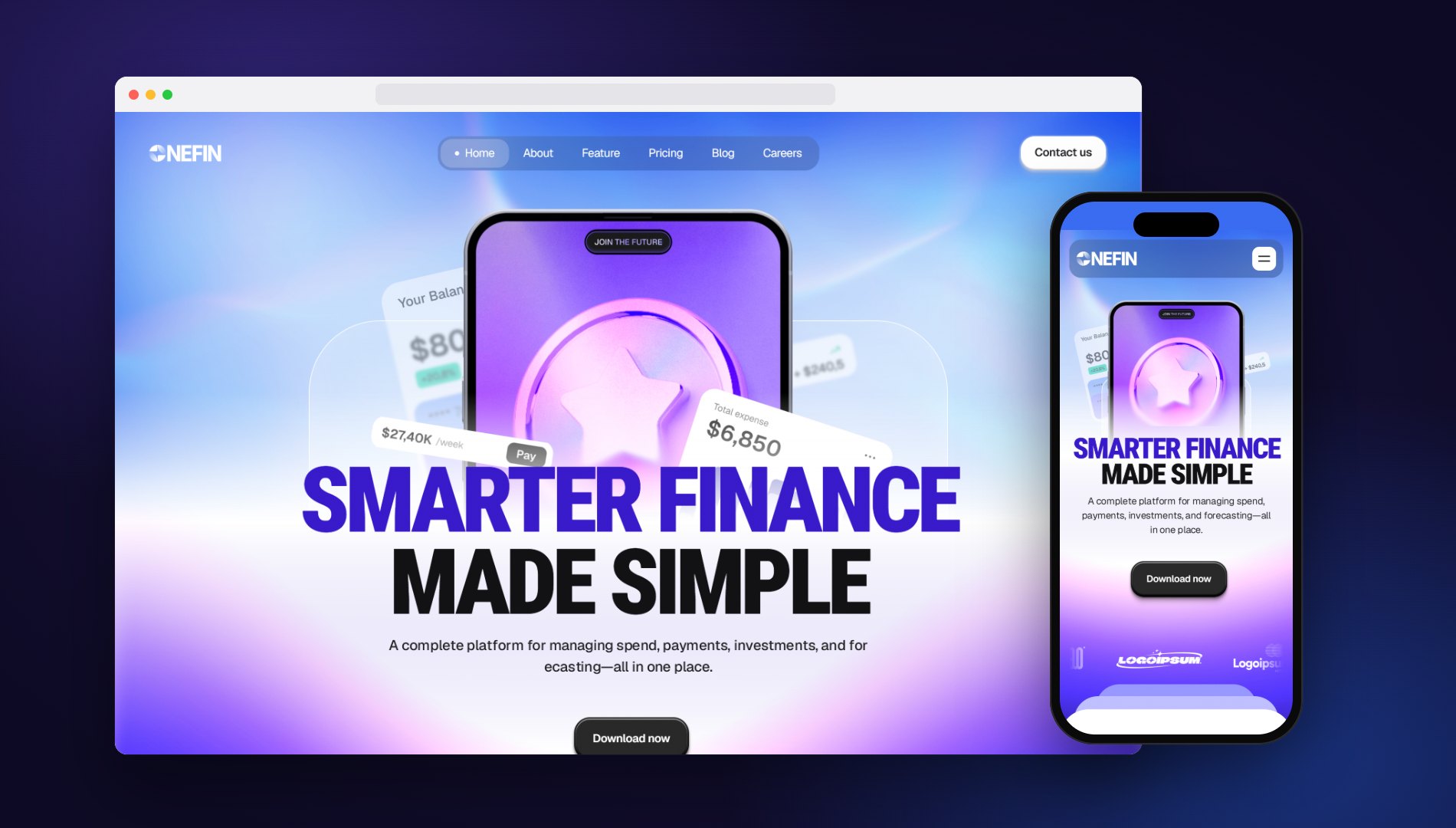 OneFin homepage on a laptop and a phone